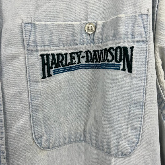 Vintage Harley Davidson Distressed Light Denim Button Up Shacket Men's Large - Picture 5 of 10
